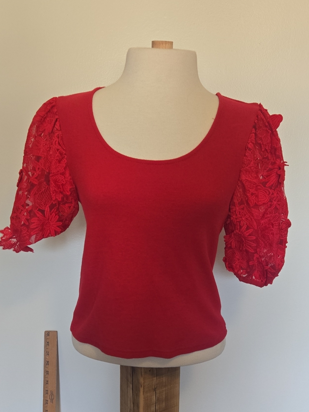 Dolan Red Scoop Neck Top with Floral Lace Puff Sleeves
